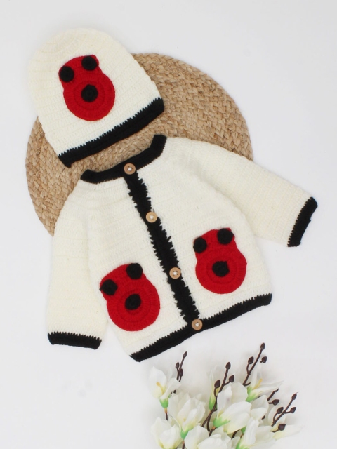 

Woonie Unisex Kids Cream-Coloured & Red Cardigan Comes With A Cap