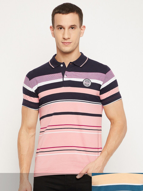 

FirstKrush Men Pack Of 2 Pink & Blue Striped Polo Collar T-shirt