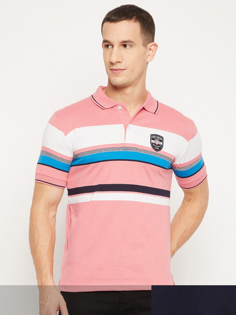 

FirstKrush Men Pink & Black Pack Of 2 Striped Polo Collar Cotton T-shirt