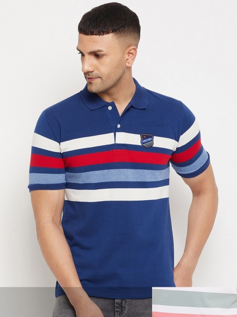 

FirstKrush Men Blue & Pink Pack Of 2 Striped Polo Collar Cotton T-shirt