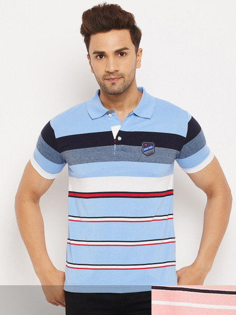 

FirstKrush Men Blue & Pink Pack Of 2 Striped Polo Collar T-shirt