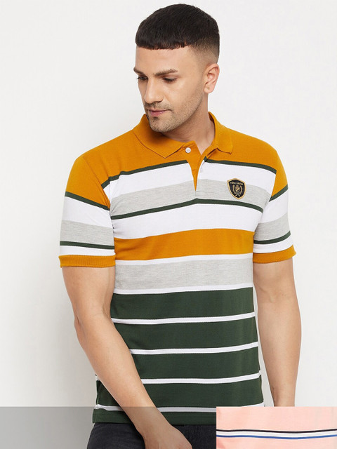 

FirstKrush Men Mustard Yellow & Pink Pack Of 2 Striped Polo Collar T-shirt