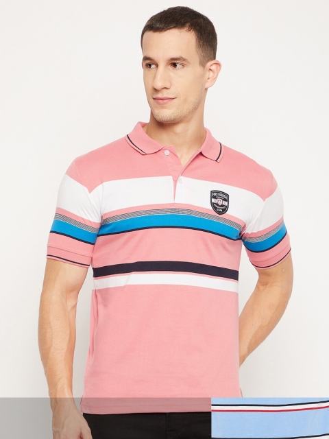 

FirstKrush Men Pink & Blue Pack Of 2 Striped Polo Collar Cotton T-shirt