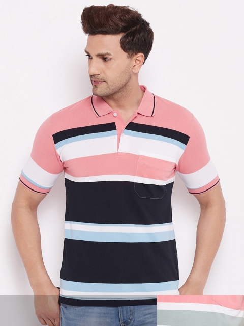 

FirstKrush Men Pink & Grey Pack Of 2 Striped Polo Collar Cotton T-shirt