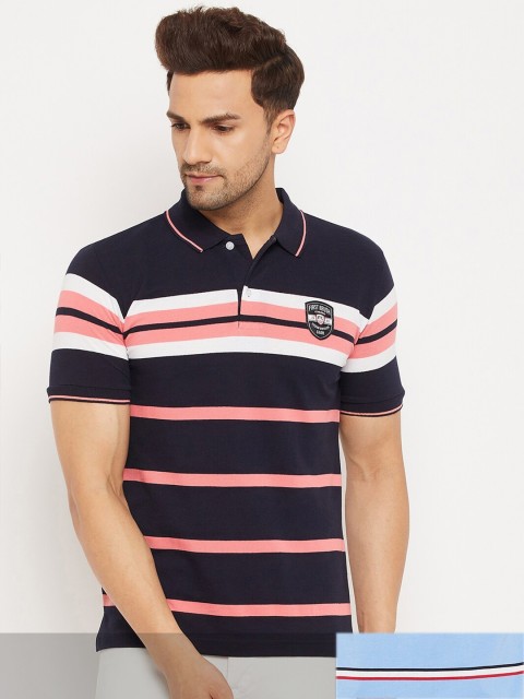

FirstKrush Men Black & Blue Pack Of 2 Striped Polo Collar Cotton T-shirt