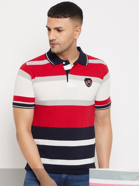 

FirstKrush Men Red & Pink Pack Of 2 Striped Polo Collar Cotton T-shirt