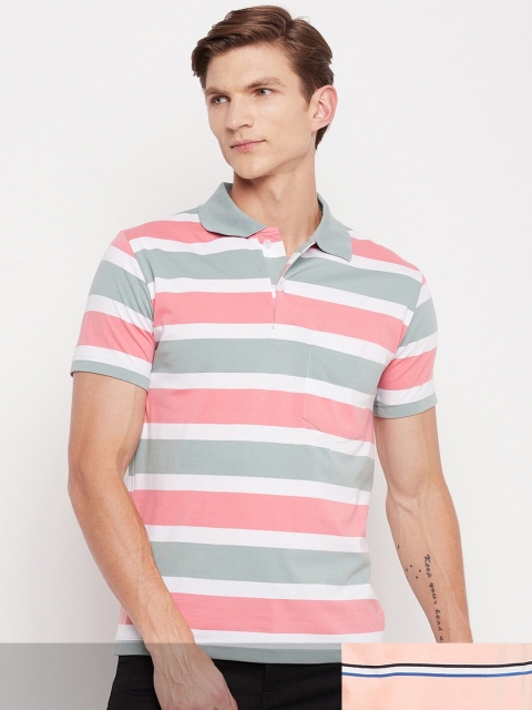 

FirstKrush Men Pink & Peach-Coloured Pack Of 2 Striped Polo Collar Cotton T-shirt