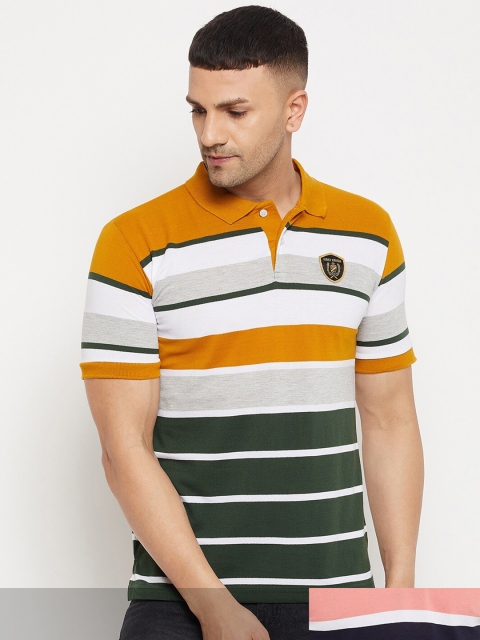 

FirstKrush Men Mustard Yellow & Pink Pack Of 2 Striped Polo Collar Cotton T-shirt