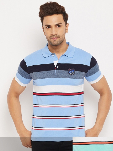 

FirstKrush Men Blue & Turquoise Blue Pack Of 2 Striped Polo Collar Cotton T-shirt