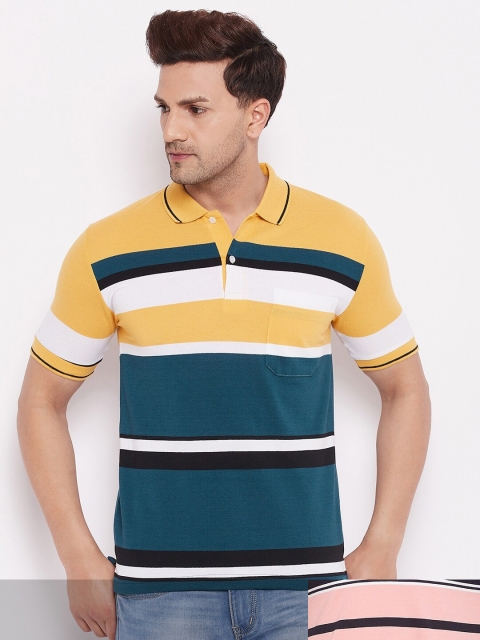 

FirstKrush Men Yellow & Pink Pack Of 2 Striped Polo Collar Cotton T-shirt