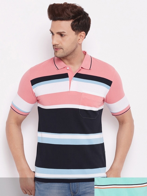 

FirstKrush Men Pink & Blue Pack Of 2 Striped Polo Collar Cotton T-shirt