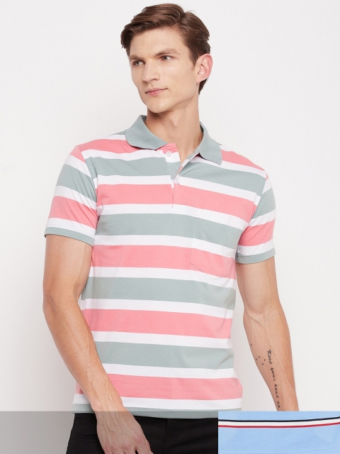 

FirstKrush Men Pink & Blue Pack Of 2 Striped Polo Collar Cotton T-shirt