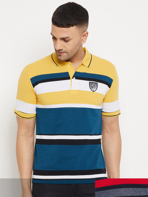 

FirstKrush Pack Of 2 Men's Cotton Striped Half Sleeves Polo Collar T-shirt, Yellow