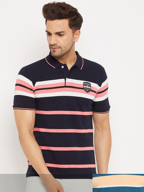 

FirstKrush Pack Of 2 Men's Cotton Striped Half Sleeves Polo Collar T-shirt, Blue