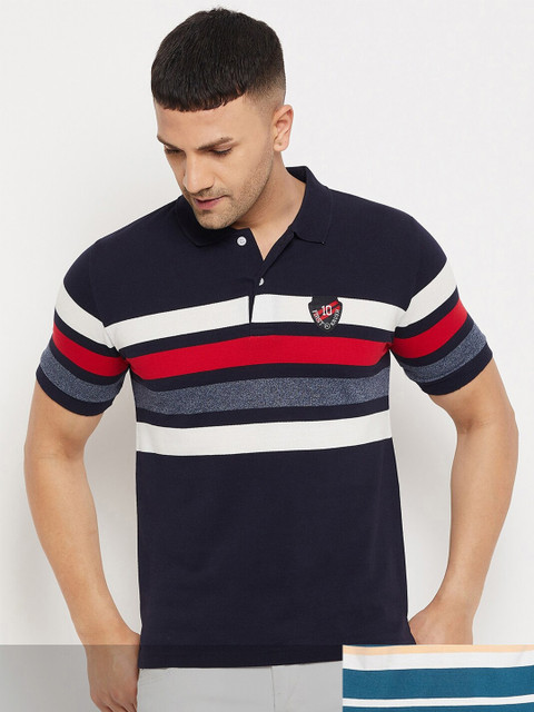

FirstKrush Pack Of 2 Men's Cotton Striped Half Sleeves Polo Collar T-shirt, Navy blue