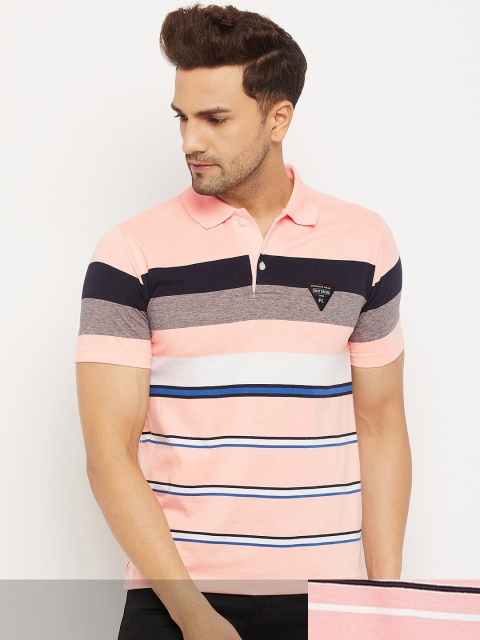 

FirstKrush Men Pink & Peach-Coloured Pack Of 2 Striped Polo Collar Cotton T-shirt