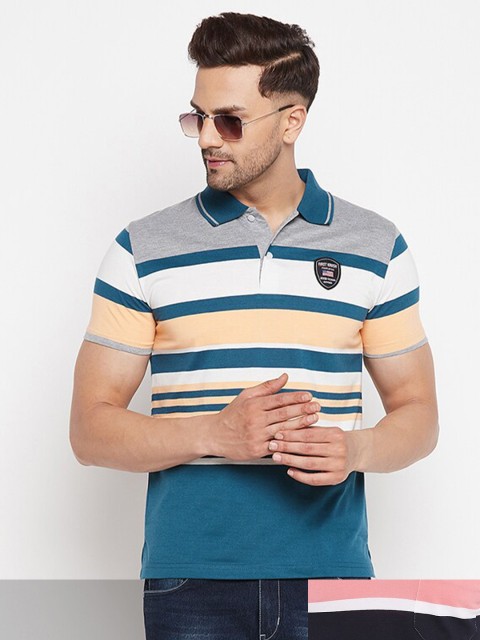 

FirstKrush Men Blue & Pink Pack Of 2 Striped Polo Collar Cotton T-shirt