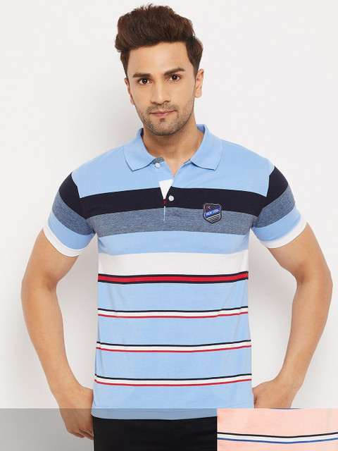 

FirstKrush Men Blue & Pink Pack Of 2 Striped Polo Collar Cotton T-shirt