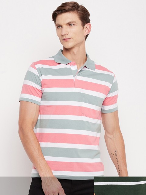 

FirstKrush Men Pink & Mustard Yellow Pack Of 2 Striped Polo Collar Cotton T-shirt