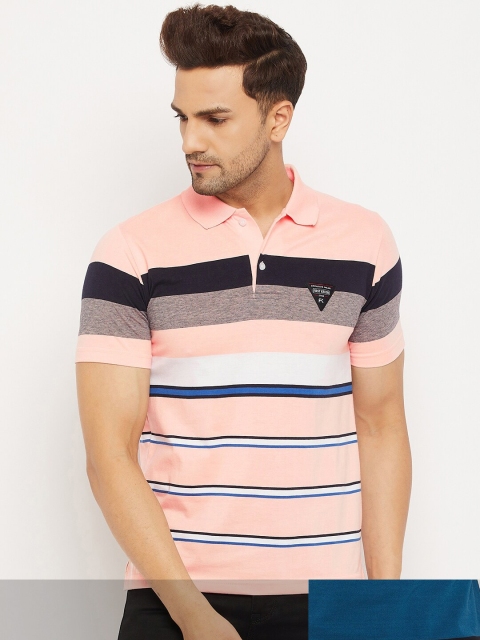 

FirstKrush Men Peach-Coloured & Yellow Pack Of 2 Striped Polo Collar Cotton T-shirt
