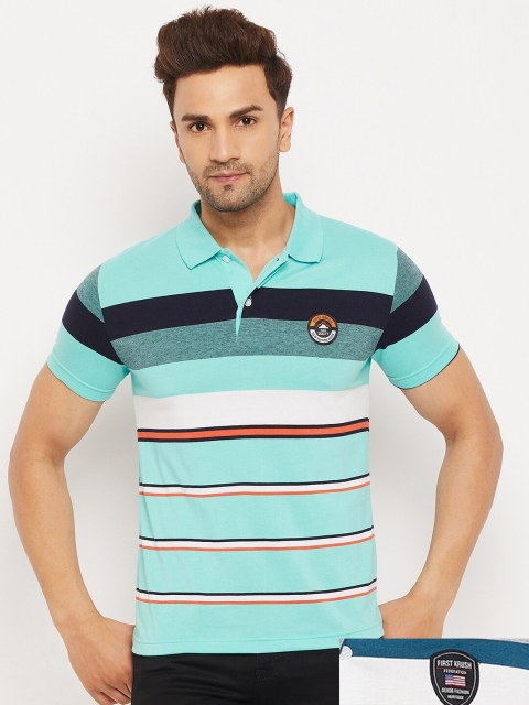 

FirstKrush Men Sea Green & Blue Pack Of 2 Striped Polo Collar Cotton T-shirt