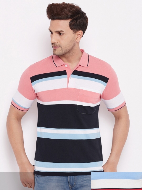 

FirstKrush Men Pink & Blue Pack Of 2 Striped Polo Collar Cotton T-shirt