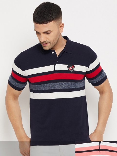 

FirstKrush Men Navy Blue & Black Pack Of 2 Striped Polo Collar Cotton T-shirt