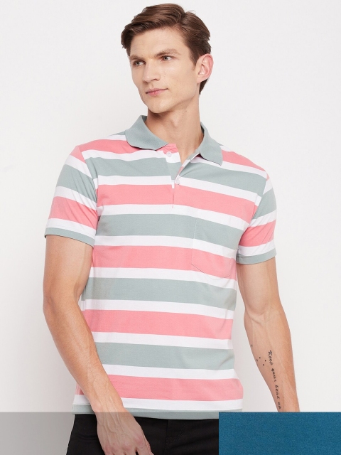 

FirstKrush Men Pink & Blue Pack Of 2 Striped Polo Collar Cotton T-shirt