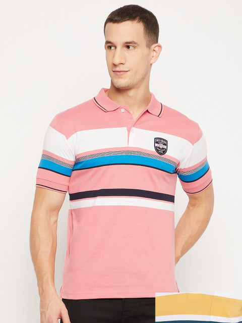 

FirstKrush Men Pink & Yellow Pack of 2 Striped Polo Collar T-shirts