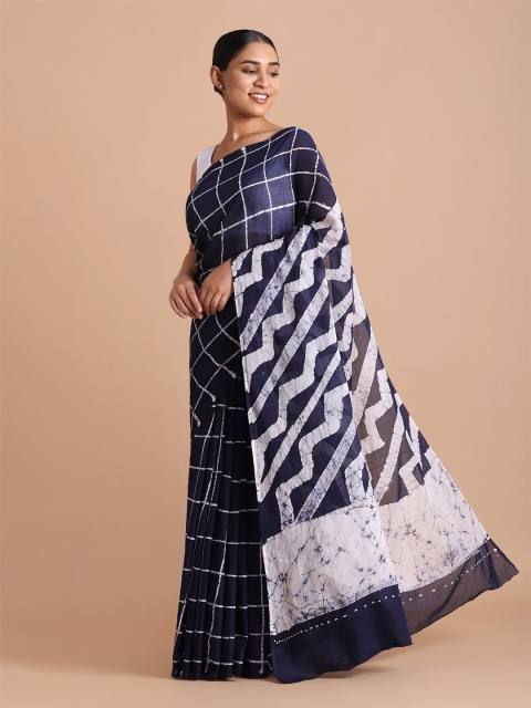 

Taneira Blue & White Checked Pure Cotton Saree