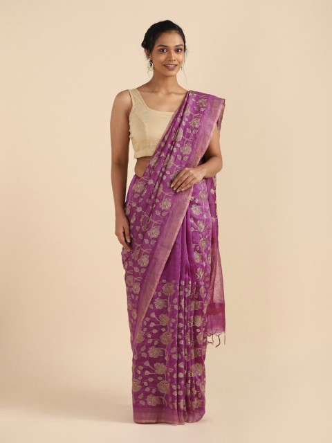 

Taneira Purple & Off White Floral Embroidered Linen Blend Saree