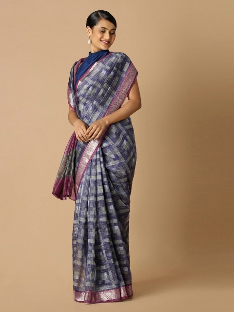 

Taneira Blue & Pink Checked Zari Linen Blend Saree