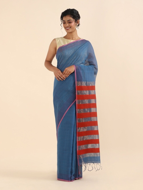 

Taneira Blue & Red Linen Blend Saree