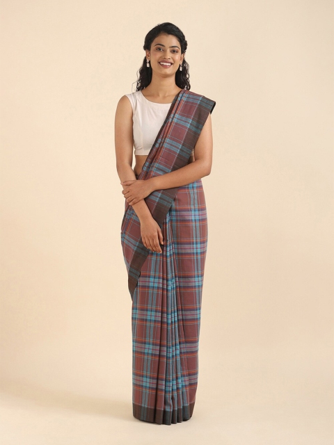 

Taneira Brown & Blue Checked Pure Cotton Saree