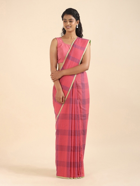 

Taneira Pink & Green Checked Pure Cotton Saree