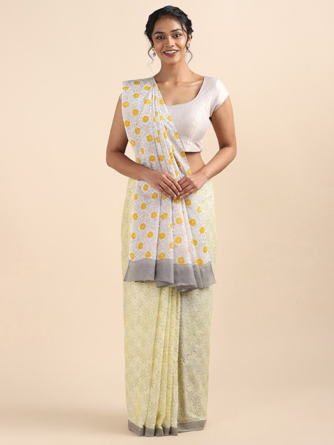 

Taneira Yellow & White Floral Pure Cotton Saree