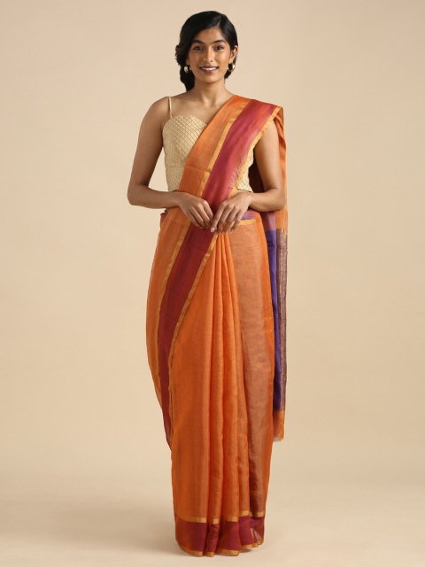 

Taneira Orange & Gold-Toned Zari Tissue Chanderi Saree