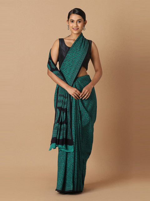 

Taneira Green & Black Floral Pure Cotton Bagh Saree