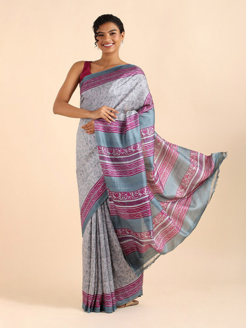 

Taneira Grey & Pink Warli Pure Silk Saree