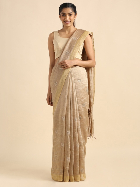 

Taneira Brown & Off White Floral Sequinned Pure Linen Saree