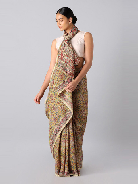 

Taneira Yellow & Pink Paisley Pure Cotton Saree