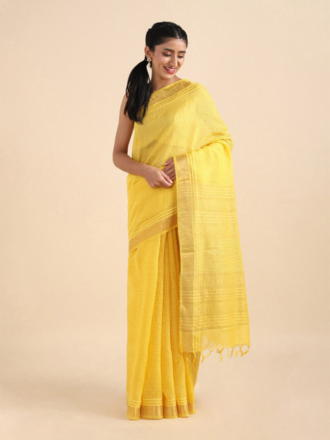 

Taneira Yellow Checked Zari Pure Silk Saree