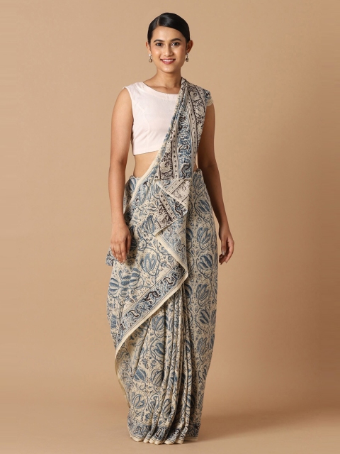 

Taneira Off White & Blue Kalamkari Pure Cotton Saree