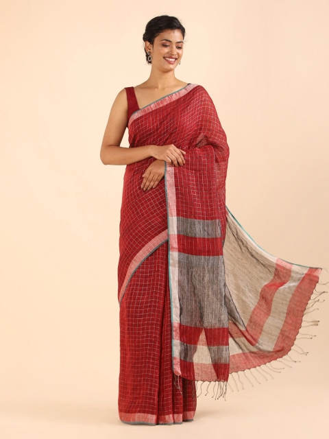 

Taneira Red & Grey Checked Pure Linen Saree