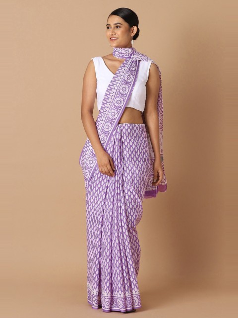

Taneira Purple & White Floral Printed Pure Cotton Saree