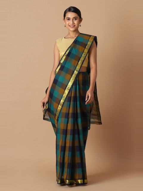 

Taneira Blue & Green Checked Pure Cotton Chettinad Saree