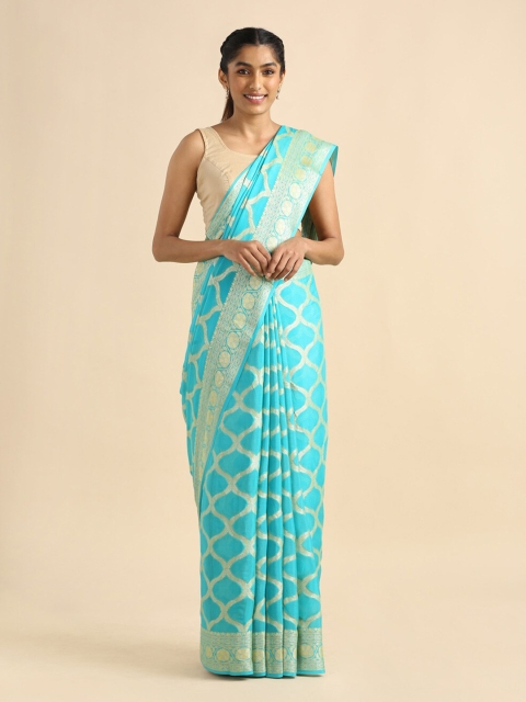 

Taneira Blue & Cream-Coloured Ethnic Motifs Zari Pure Georgette Banarasi Saree