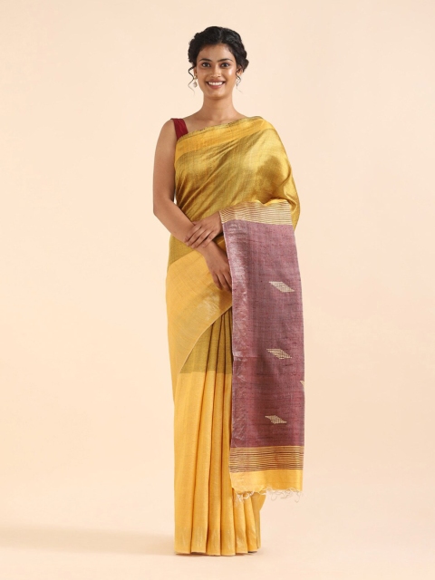 

Taneira Yellow & Olive Green Colourblocked Zari Pure Silk Bhagalpuri Saree