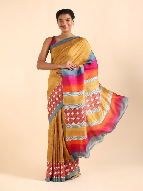 

Taneira Beige & Blue Ethnic Motifs Printed Pure Silk Saree
