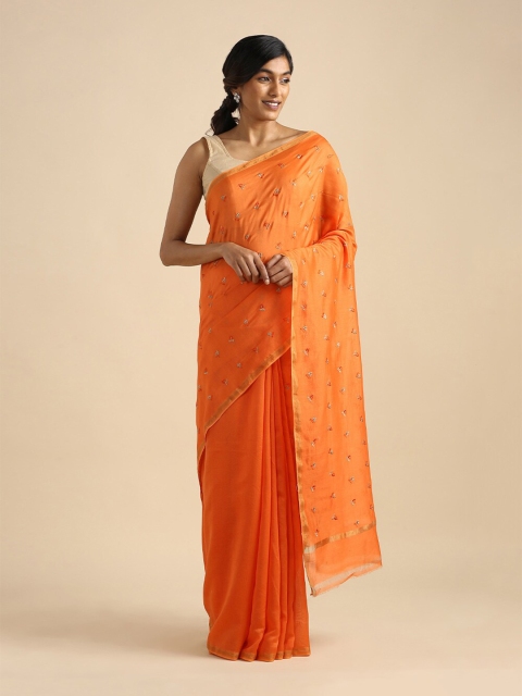 

Taneira Orange & Gold-Toned Floral Embroidered Silk Cotton Saree